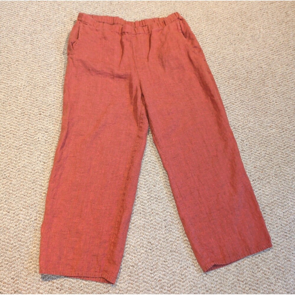 Flax 100% Linen Wide Leg Pants Womens Small Maroon Lagenlook Pockets Flowy